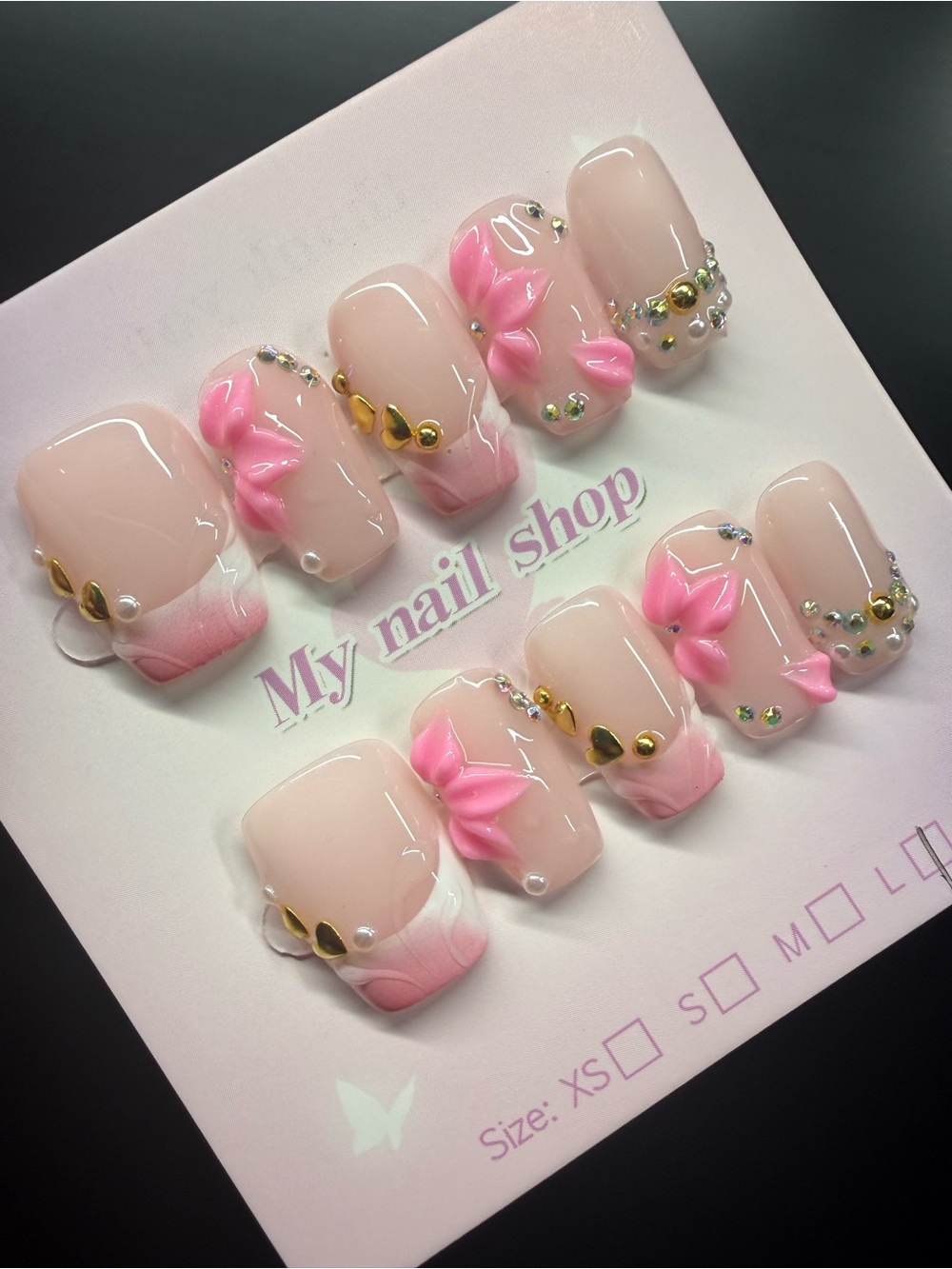 3D Pink Floral 3D Press-On Nail Set Large